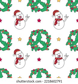 Groovy Christmas pattern with snowman and spruce wreath with daisy garland