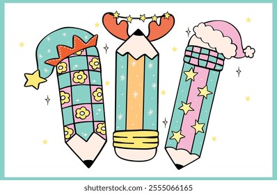 Groovy Christmas Pencil Pink and Mint Hand Drawn Cartoon Doodle with Festive Vibes