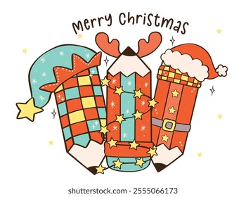 Groovy Christmas Pencil Red and Mint Hand Drawn Cartoon Doodle with Festive Vibes