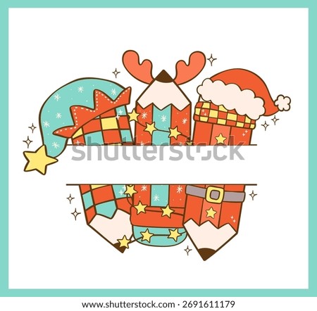 Groovy Christmas Pencil Split Frame Name Cartoon Hand Drawn Design for School Kids festive holiday clipart template for creative projects