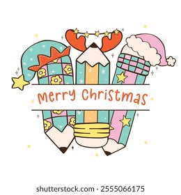 Groovy Christmas Pencils Split Frame Name Monogram Cartoon Doodle silhouette cut file