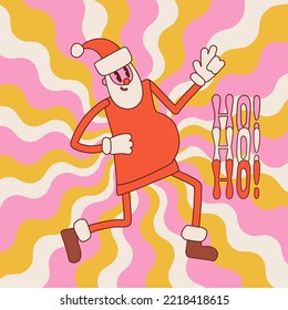 Groovy Christmas poster. Funny Santa Claus character dancing disco. Retro card template. 1970s style. Merry Christmas and Happy New Year text. Quirky whimsical 70s vintage Santa Claus consept. Vector