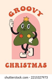 Groovy Christmas poster, greeting card. Christmas tree in trendy retro 60s hippie flat cartoon style. Merry Christmas and Happy New year lettering, text , quote print, party invitation, background. 