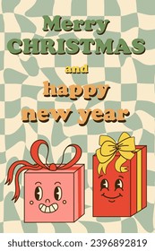 Groovy Christmas poster or social media banner. Winter holidays decor. Comic retro character. Funny giftbox and congratulate text. Cartoon vector illustration in 70s 80s