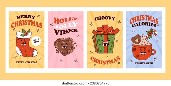 Groovy Christmas posters set vector. Retro cartoon characters gingerbread heart, xmas stocking, gift and red cup hot cocoa. Vibes New Year posters. Trendy mascot characters in 60s, 70s style