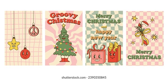 Groovy Christmas posters or social media banners. Greeting card. Comic retro winter characters. Hippie sign. Funny tree with glass balls, sweet xmas cane. Cartoon vector illustration in 70s 80s style