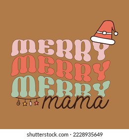 Groovy Christmas print with santa hat and quote-merry merry merry mama. Retro Christmas graphics. Stock vector clipart on dark background