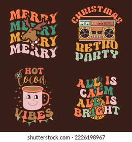 Groovy Christmas prints set with different vintage graphics and quotes-hot cocoa vibes, all is calm all is bright. Retro Christmas graphics. Stock vector clipart on dark background