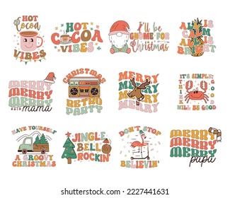 Groovy Christmas prints set with different 70s style graphics and quotes-hot cocoa vibes, all is calm all is bright. Retro Christmas graphics. Stock vector clipart