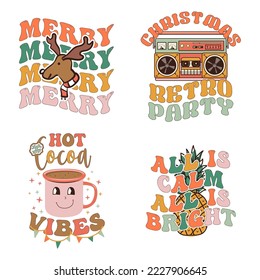 Groovy Christmas prints set with different vintage graphics and quotes-hot cocoa vibes, all is calm all is bright. Retro Christmas graphics. Stock vector clipart