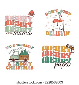 Groovy Christmas prints set with different vintage graphics and quotes-hot cocoa vibes, all is calm all is bright. Retro Christmas graphics. Stock vector clipart, t shirt on white background