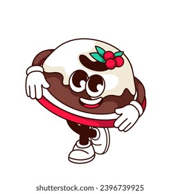 Groovy Christmas pudding character vector illustration. Cartoon isolated retro Christmas family dinner sticker of figgy cake on plate with holly berry, Xmas food mascot with arms and legs walking