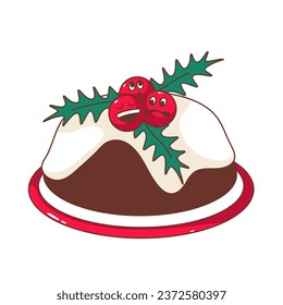 Groovy Christmas pudding vector illustration. Cartoon isolated retro Xmas food, psychedelic Christmas sticker of traditional family dessert on plate with cream, trippy funny holly berry faces