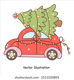 Groovy christmas red car. Vector illustration.