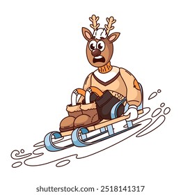 Personaje de dibujos animados de renos de Navidades groovy montando en trineo. Divertido trineo de animales asustados retro en la nieve. Mascota del ocio del invierno, reno de la historieta en la etiqueta engomada del trineo de la Ilustración vectorial del estilo de los años 70 80