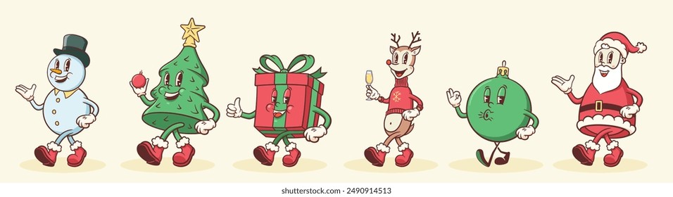 Groovy Christmas Retro Characters Set. Cartoon Santa, Tree, Reindeer, Sock and Ball. Vector Winter Holiday Mascot Templates. Happy Vintage Cool New Year Personage Illustrations Collection. Isolated