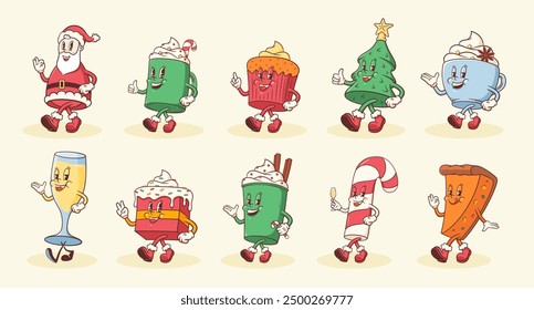 Groovy Christmas Retro Characters Set. Cartoon Food and Drink Xmas Pie, Santa, Cupcake, Latte Coffee, Candy Cane. Vector Winter Holiday Sweets Mascot Templates. Happy Personage Illustrations. Isolated