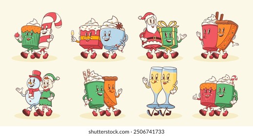 Conjunto de personajes retro de Navidades Groovy. Pastel de Navidad de Comida y bebida de dibujos animados, Santa, Cupcake, café con leche, bastón de caramelo. Vector Invierno Festiva Dulces Mascota Plantillas. Feliz Año Nuevo Ilustraciones. Aislado