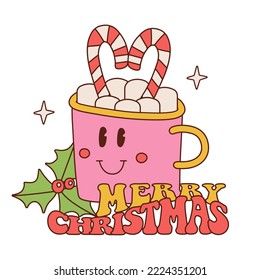 Groovy Christmas retro mug of cocoa drink. Mascot of chocolate cup with candy cane, marshmallow and holly in 70s style. Merry Christmas typography. Vector hand drawn linear illustration.