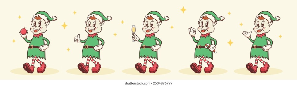 Groovy Christmas Retro Santas Elfs Figuren Set. Cartoon Xmas Elf Vektor Winter Urlaub Maskottchen Vorlagen. Happy Vintage Cool New Year Personage Illustrations Collection. Einzeln