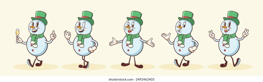 Groovy Christmas Retro Snowman Characters Set. Cartoon Vector Winter Holiday Mascot Templates. Happy Vintage Cool New Year Personage Illustrations Collection. Isolated