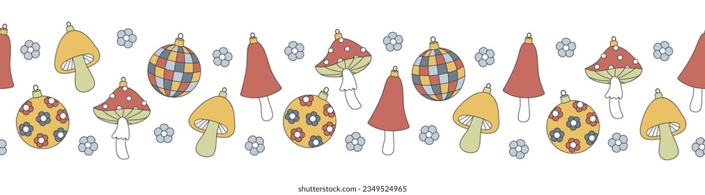 Groovy Christmas seamless border. Ball, disco ball, mushroom in trendy retro cartoon style. Background for winter festive design. Vector illustration