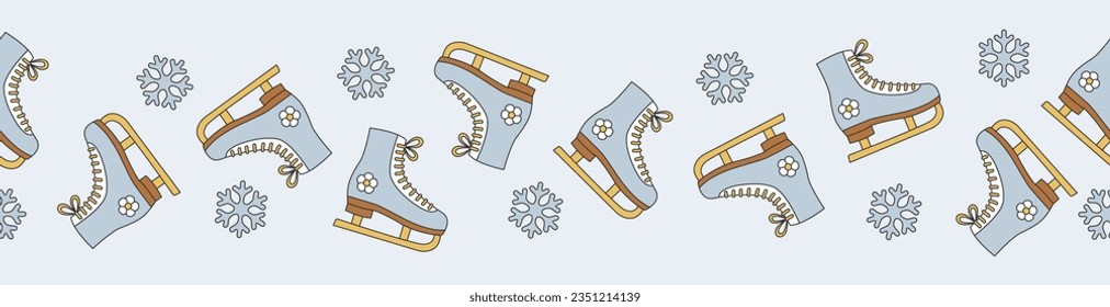 Groovy Christmas seamless border with ice skates. Figure skates and snowflakes on blue background. Vector illustration