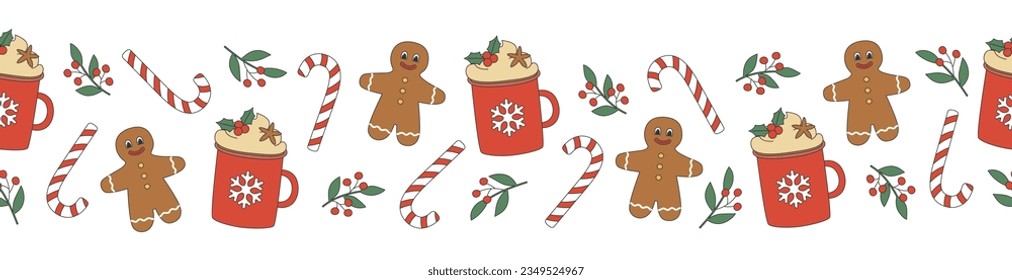 Groovy Christmas seamless border. Red cup, gingerbread man and candy cane in trendy retro cartoon style. Background for winter festive design. Vector illustration