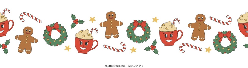 Groovy Christmas seamless border. Red cup, gingerbread man, gift box and candy cane in trendy retro cartoon style. Background for winter festive design. Vector illustration