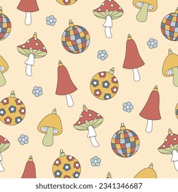 Groovy Christmas seamless pattern. Ball, disco ball, mushroom in trendy retro cartoon style. Background for winter festive design. Vector illustration