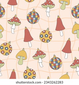 Groovy Christmas seamless pattern. Ball, disco ball, mushroom in trendy retro cartoon style. Background for winter festive design. Vector illustration