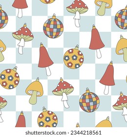 Groovy Christmas seamless pattern. Ball, disco ball, mushroom in trendy retro cartoon style. Background for winter festive design.