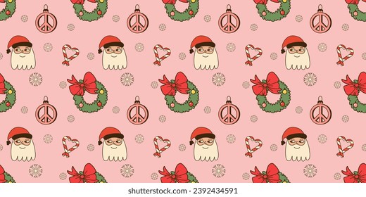 Groovy Christmas seamless pattern. Comic retro winter characters and decorative elements. Hippie decor textile, wrapping paper, wallpaper design. Cartoon vector in 70s 80s style, xmas background