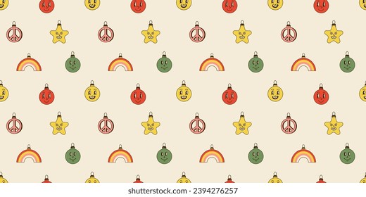 Groovy patrón de Navidad sin fisuras. Caracteres de invierno retro cómico y elementos decorativos. Textil de decoración hippie, papel envolvente, diseño de papel pintado. Vector de dibujos animados en estilo años 80, fondo de navidad