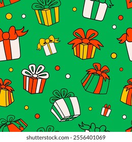 Groovy Christmas seamless pattern with gift boxes on green background. vintage funny background with confetti and gifts. Ideal for Christmas and New Year wrapping, designs and decorations, vector