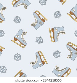 Groovy Christmas seamless pattern with ice skates. Figure skates and snowflakes on blue background. Vector illustration