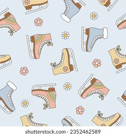 Groovy Christmas seamless pattern with ice skates. Figure skates and flowers on blue background. Vector illustration