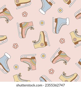 Groovy Christmas seamless pattern with ice skates. Figure skates and flowers on pink background. Vector illustration