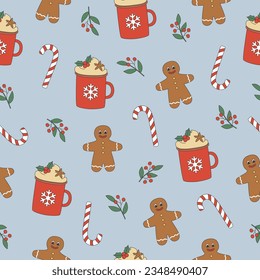 Groovy Christmas seamless pattern. Red cup, gingerbread man and candy cane in trendy retro cartoon style. Background for winter festive design. Vector illustration