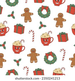 Groovy Christmas seamless pattern. Red cup, gingerbread man, gift box and candy cane in trendy retro cartoon style. Background for winter festive design. Vector illustration