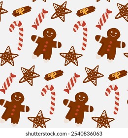 Groovy Christmas seamless pattern. Red cup, gingerbread man and candy cane in trendy retro cartoon style. Background for winter festive design. Vector illustration