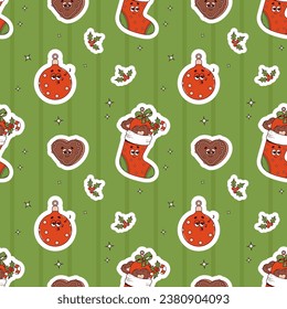 Groovy Christmas seamless pattern. Retro cartoon character Xmas boot with gifts, ball toy and gingerbread heart on green background with holly. Happy New year background. vector illustration