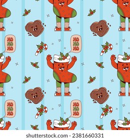 Groovy Christmas seamless pattern. Retro cartoon character Xmas stocking with gingerbread heart and caramel stick on blue background. Cool Happy New year background. Vector illustration