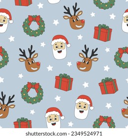 Groovy patrón de Navidad sin fisuras. Santa Claus, reno, caja de regalo al estilo retro de moda. Antecedentes para el diseño festivo de invierno. Ilustración del vector