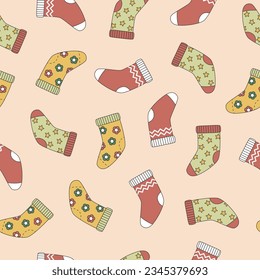 Groovy Christmas seamless pattern with socks in trendy retro cartoon style. Background for winter festive design. Vector illustration