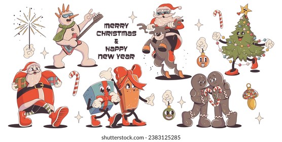 Groovy christmas set, collection of trendy retro hippie stickers. Santa Claus, snowman with a guitar, Christmas tree, walking gifts, deer, gingerbread in trendy retro cartoon style.	
