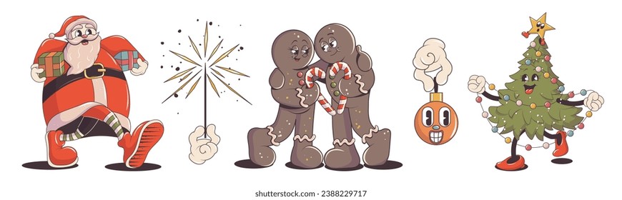 Groovy christmas set, collection of trendy retro hippie stickers. Santa Claus, snowman with a guitar, Christmas tree, walking gifts, sparkler, gingerbread in trendy retro cartoon style.	
