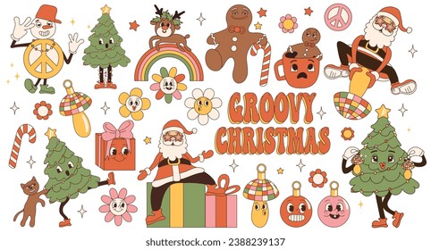 Groovy christmas set, collection of trendy retro hippie stickers. Santa Claus, Christmas tree, gifts, rainbow, peace, holly jolly vibes, coffee, gingerbread in trendy retro cartoon style.	
