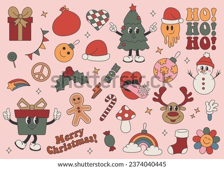 Groovy christmas set, collection of trendy retro hippie stickers. Santa Claus, Christmas tree, gifts, rainbow, peace, holly jolly vibes, gifts, ho ho ho, gingerbread in trendy retro cartoon style