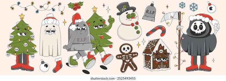 Groovy Christmas set. Cute and creepy characters and elements in retro hippie style. Cartoon sticker pack. 